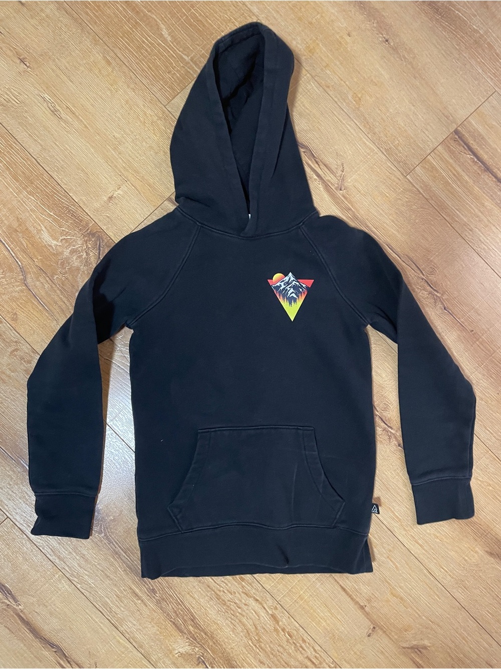 Kids Black Hooded Sweatshirt with Colorful Mountain Emblem